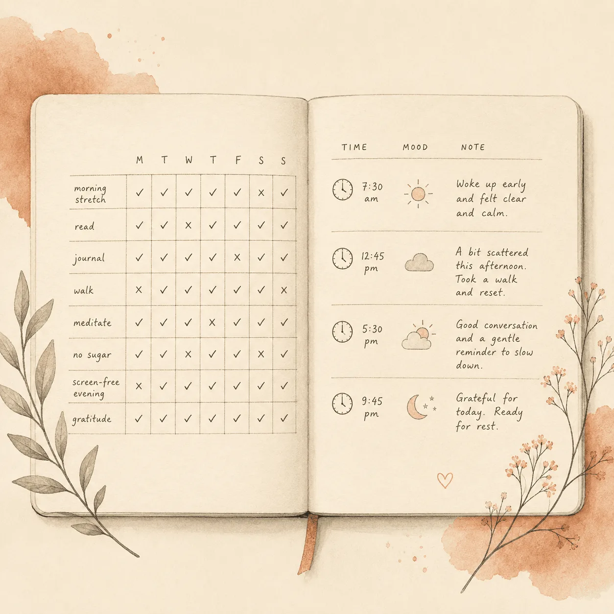 Two facing notebook pages in soft watercolor: on the left a plain grid of ticks and crosses, on the right a richer handwritten log with a clock, a small weather-like mood mark and an annotation, showing the difference between a compliance record and a self-monitoring record.