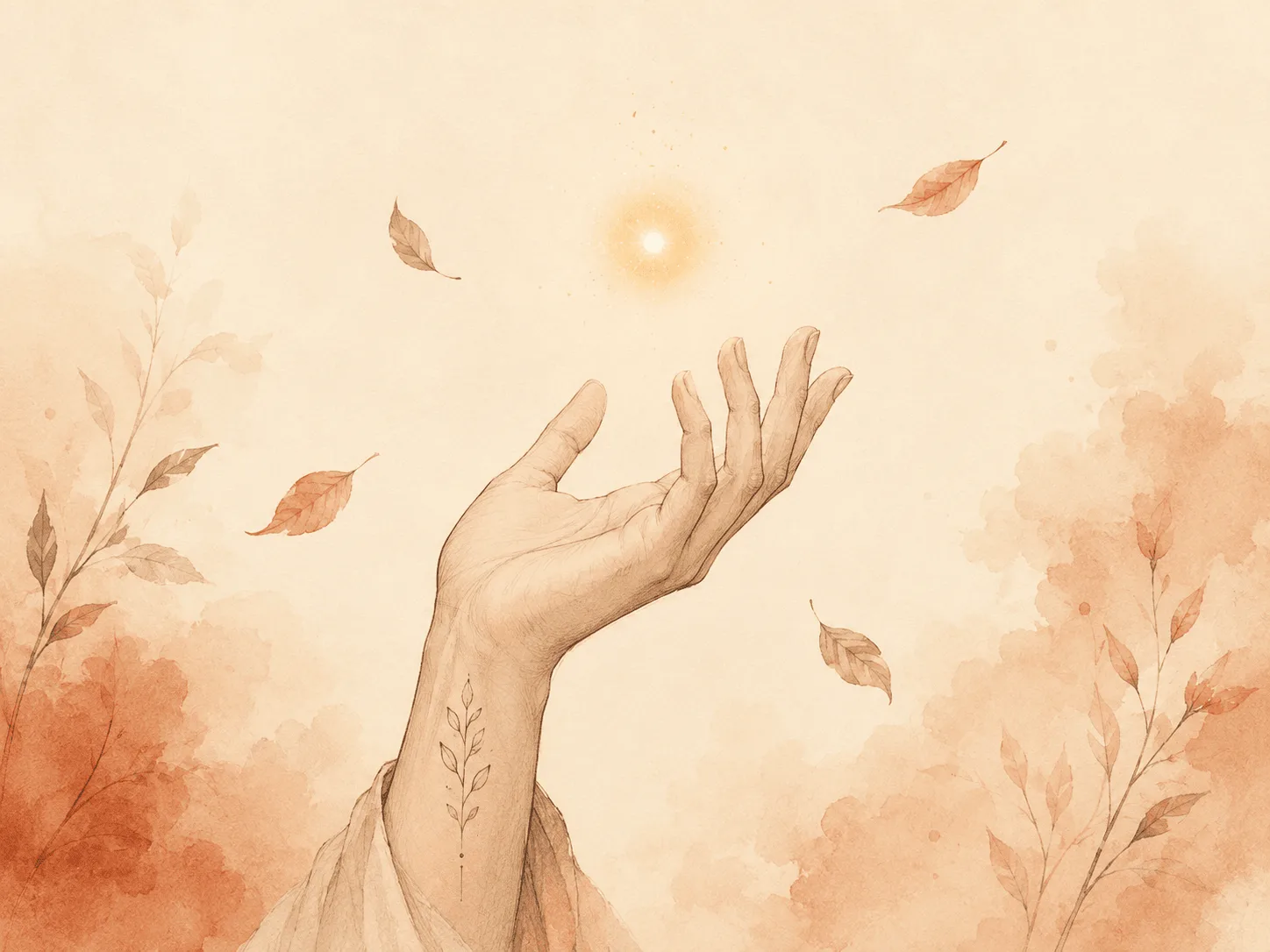 A soft watercolor illustration of a hand pausing mid-air below a warm glowing point of light, representing the gap between the urge to pull and the hand moving, which habit reversal training works to widen.