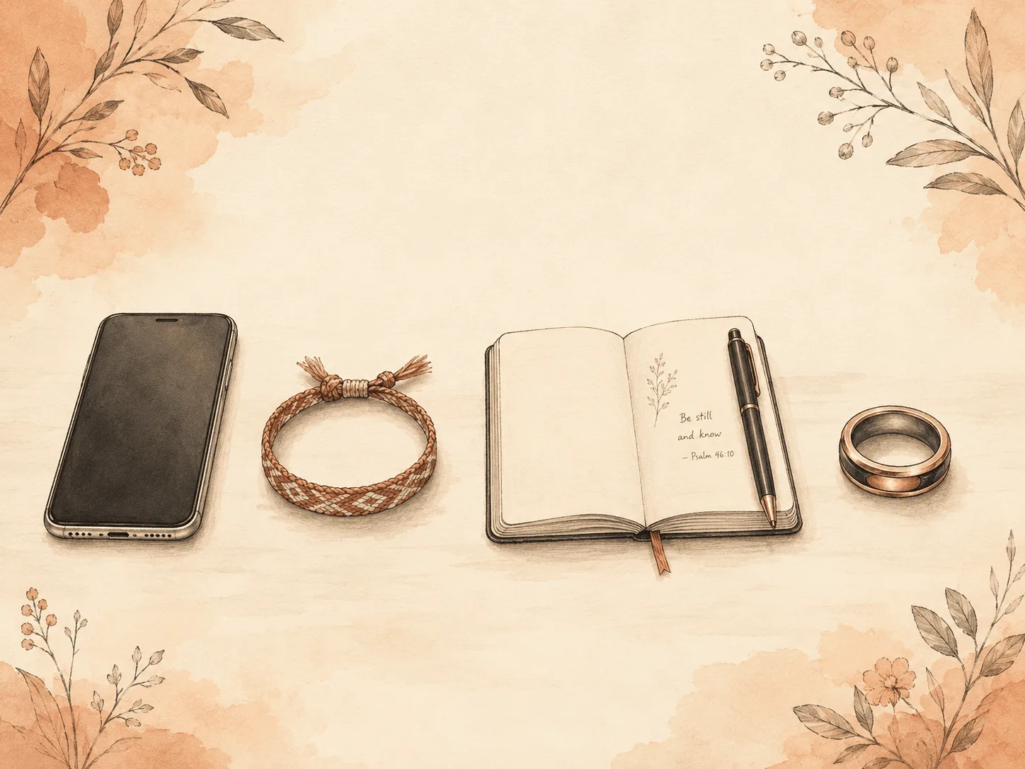 A soft watercolor still life of the different hair pulling tools side by side: a phone, a wrist bracelet, a small notebook and pen, and a fidget ring, showing that each option solves a different part of the problem.
