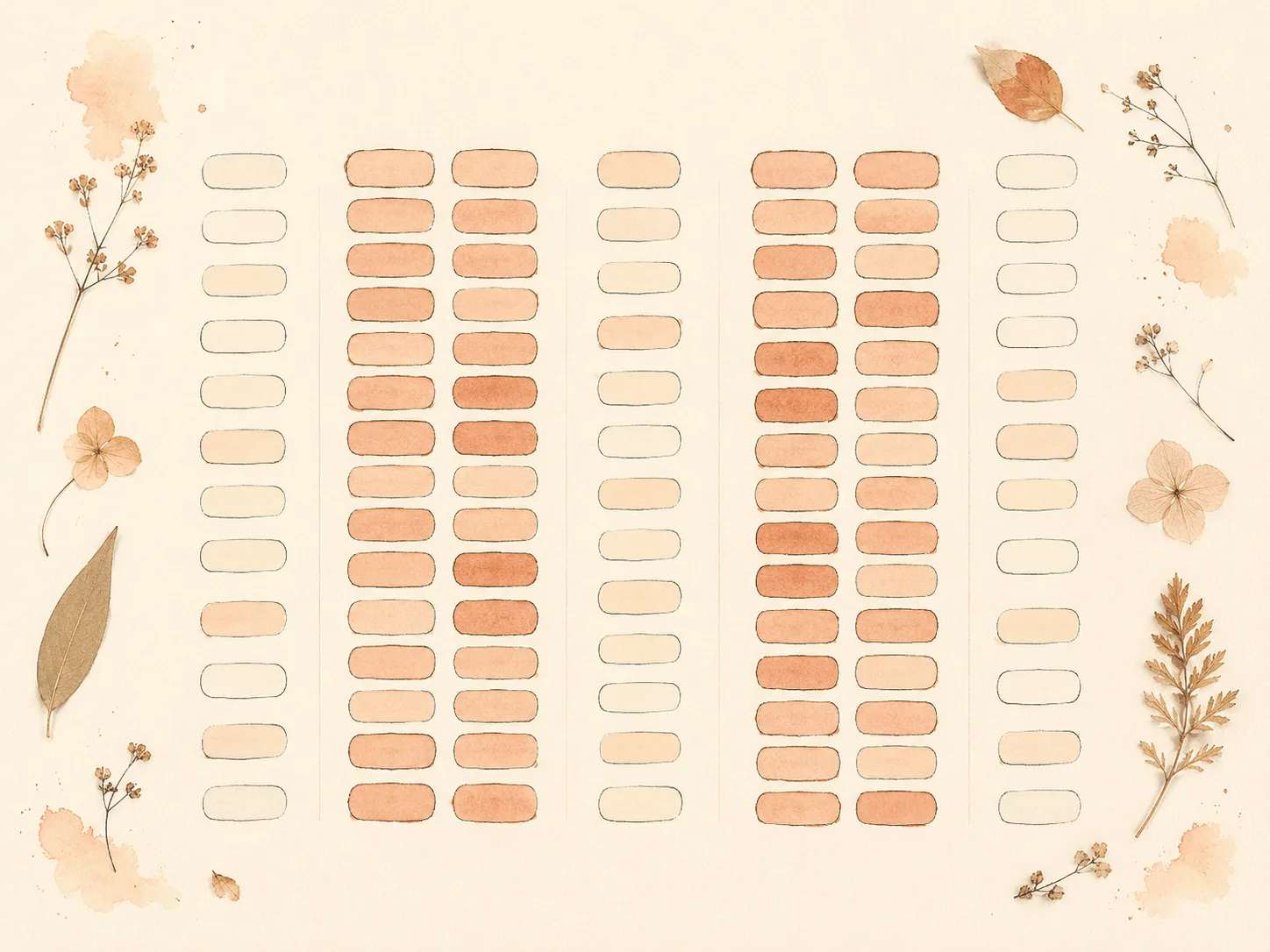 A seven-day grid of small tags sorted into five columns, with two columns visibly denser than the rest, showing dominant trigger domains emerging from a week of tracking.