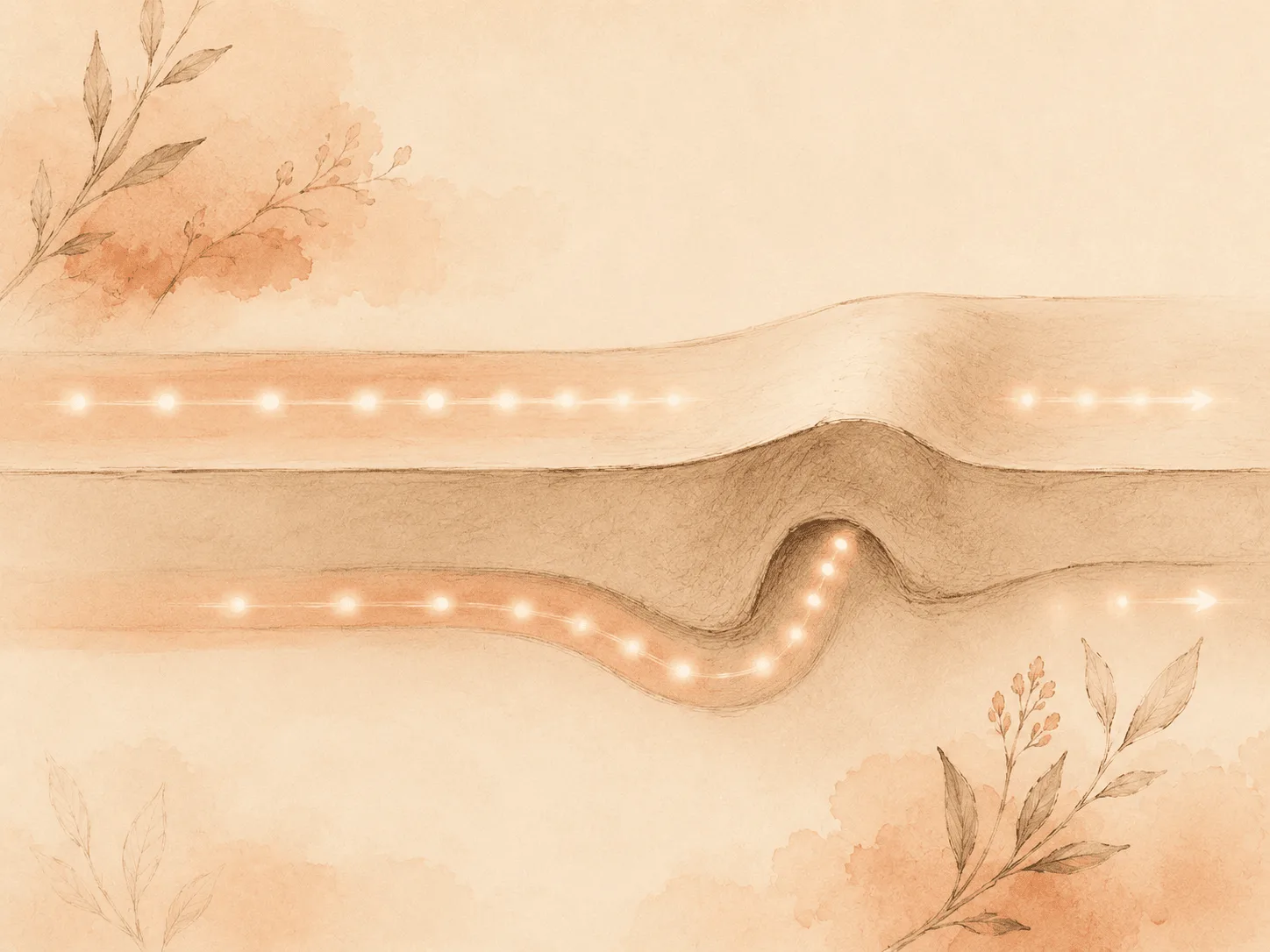 Two routes across a soft surface side by side, one open and unobstructed and one blocked by a hard raised ridge, showing how new skin cells travel freely under moisture but must detour beneath a scab.