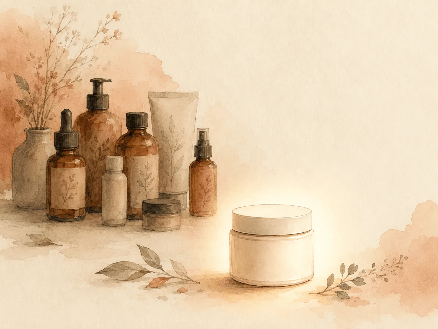 Several small bottles set gently to one side with a single plain jar kept in the light, illustrating that most household wound remedies should be skipped in favor of plain petroleum jelly.