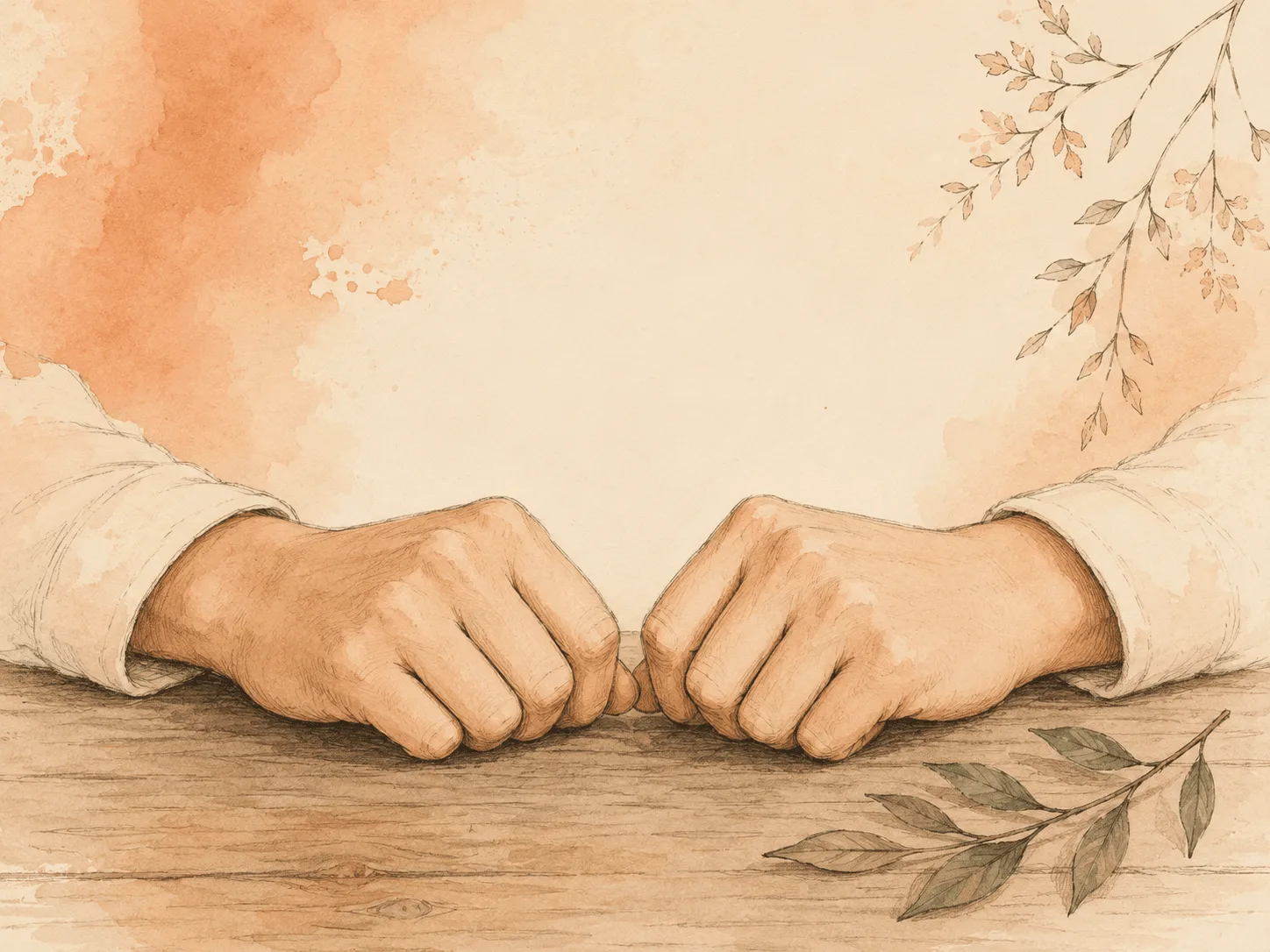 Two hands closed into loose fists resting calmly on a table, illustrating the competing response used in habit reversal training