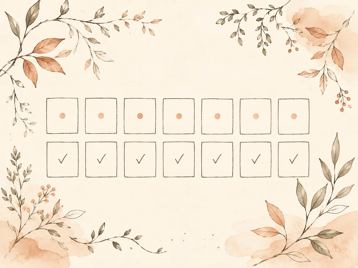A soft two-week calendar grid with gentle marks, representing a week of observation followed by a week of applying one technique in one context