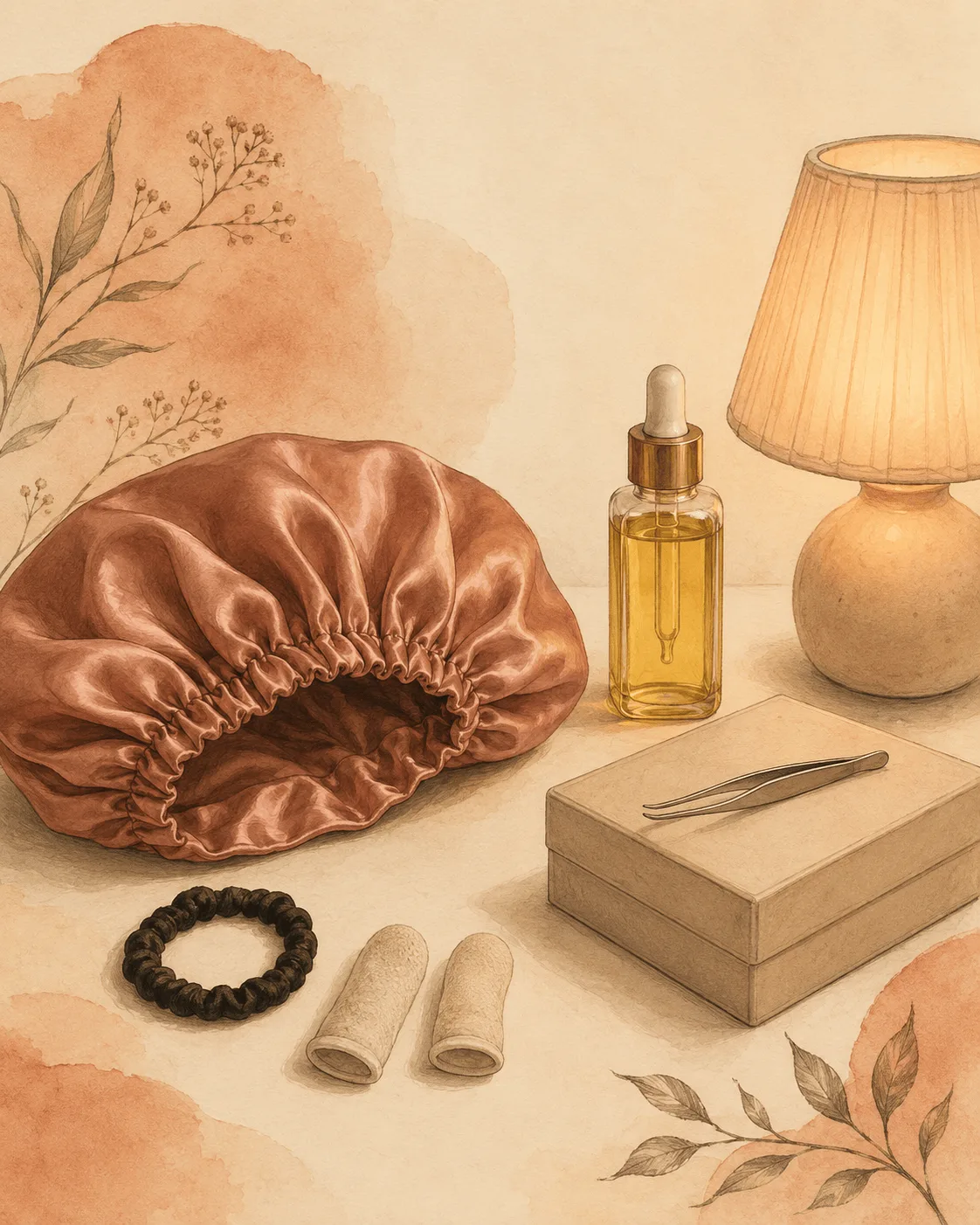 A still life of hair-pulling barrier objects: a satin bonnet, a hair tie, finger cots, a closed box holding tweezers, a bottle of hair oil and a dimmed warm lamp.