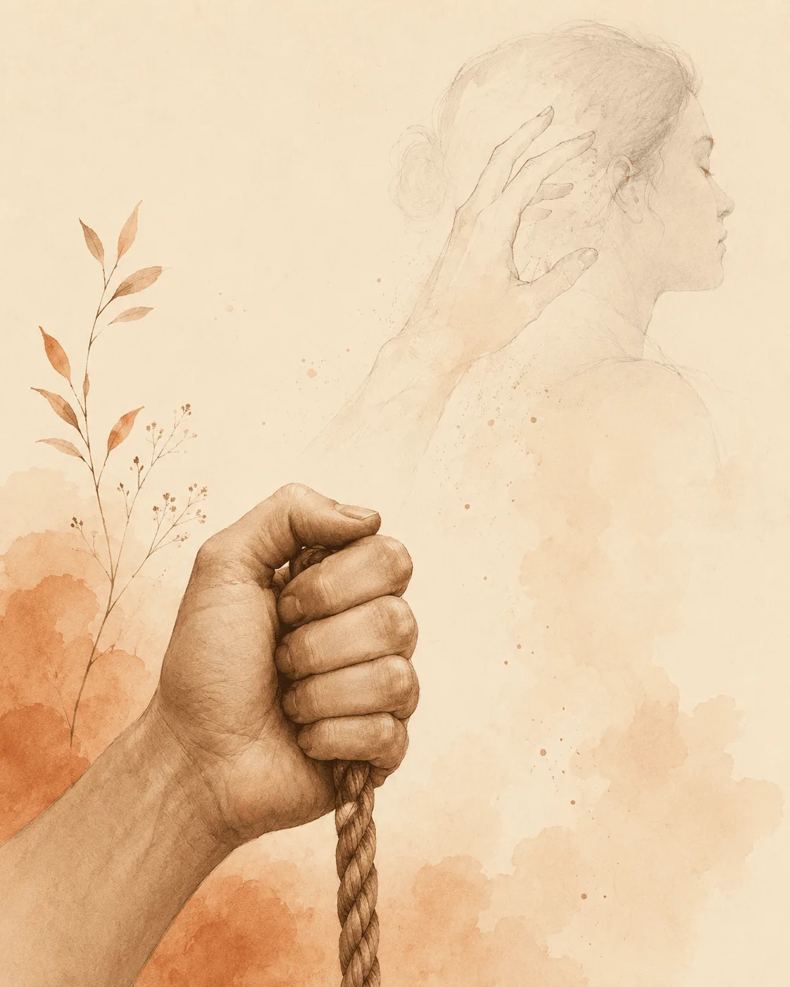 A hand closed firmly around a textured cord, with a faint second outline of the same hand reaching upward toward the head and fading away, showing a competing response replacing a pull.