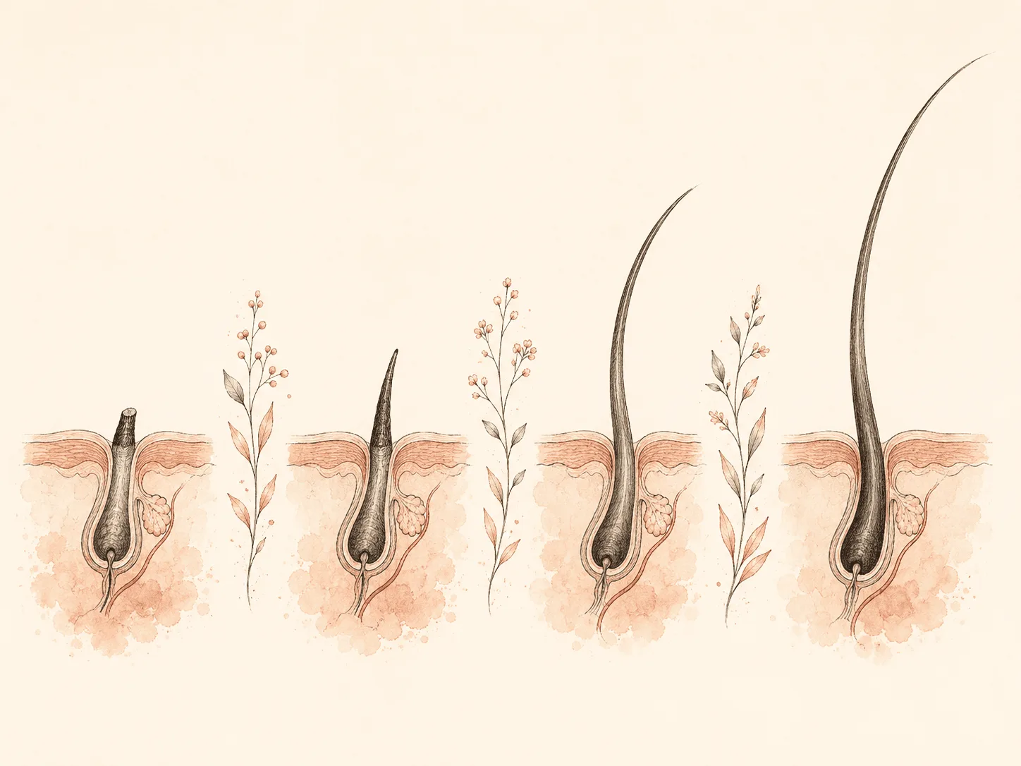 Four stages of a single hair follicle drawn left to right, from blunt short stubble through to full length, framed by soft botanical sprigs, illustrating a regrowth timeline.