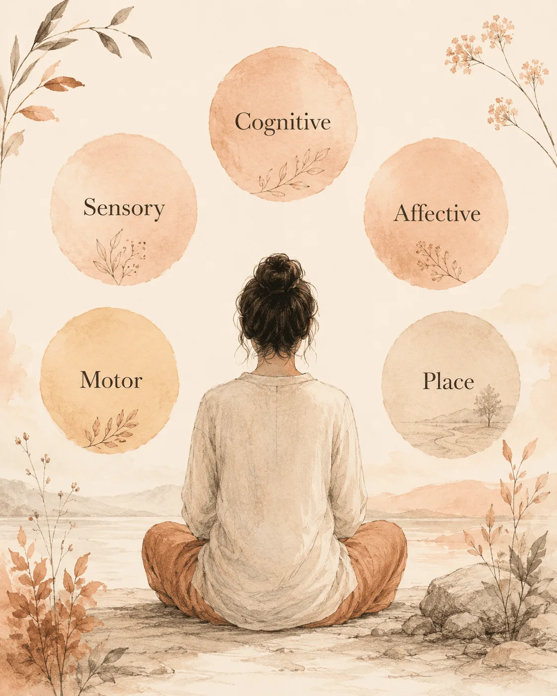 Five soft watercolor circles labeled Sensory, Cognitive, Affective, Motor and Place arranged around a seated figure, showing the five domains that drive a hair-pulling episode.