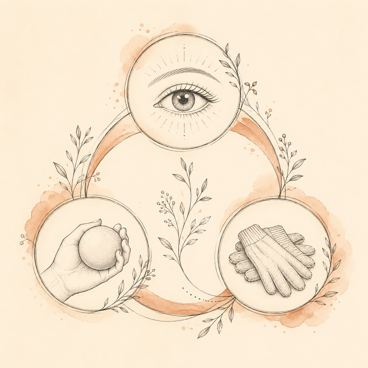 Three connected circles forming a triangle: an open eye for awareness training, a hand holding a stress ball for competing response, and folded gloves for stimulus control, with botanical sprigs woven between them.