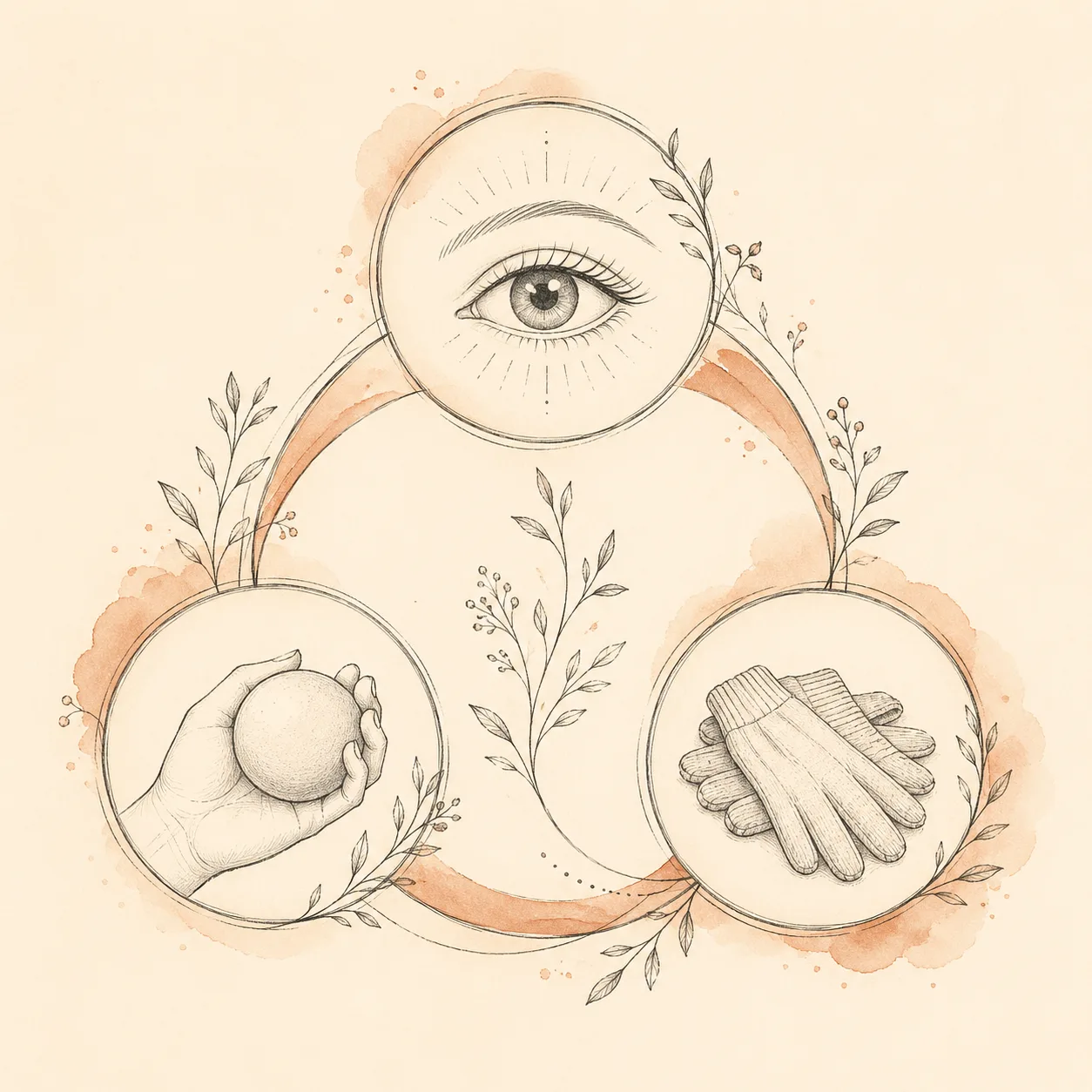 Three connected circles forming a triangle: an open eye for awareness training, a hand holding a stress ball for competing response, and folded gloves for stimulus control, with botanical sprigs woven between them.
