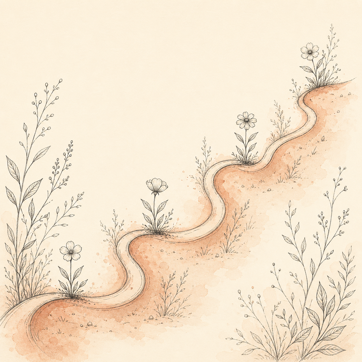 A wavy upward path winding through a botanical landscape. Small flowers grow at each dip in the path, suggesting that setbacks become learning.
