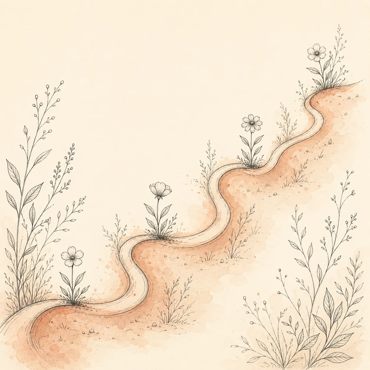 A wavy upward path winding through a botanical landscape. Small flowers grow at each dip in the path, suggesting that setbacks become learning.