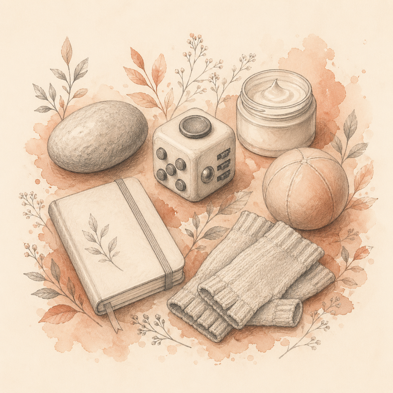 A still life of stimulus control objects: a smooth river stone, a fidget cube, a hand cream jar, a small notebook, a stress ball, and fingerless gloves, drawn in fine charcoal with botanical sprigs woven between them.