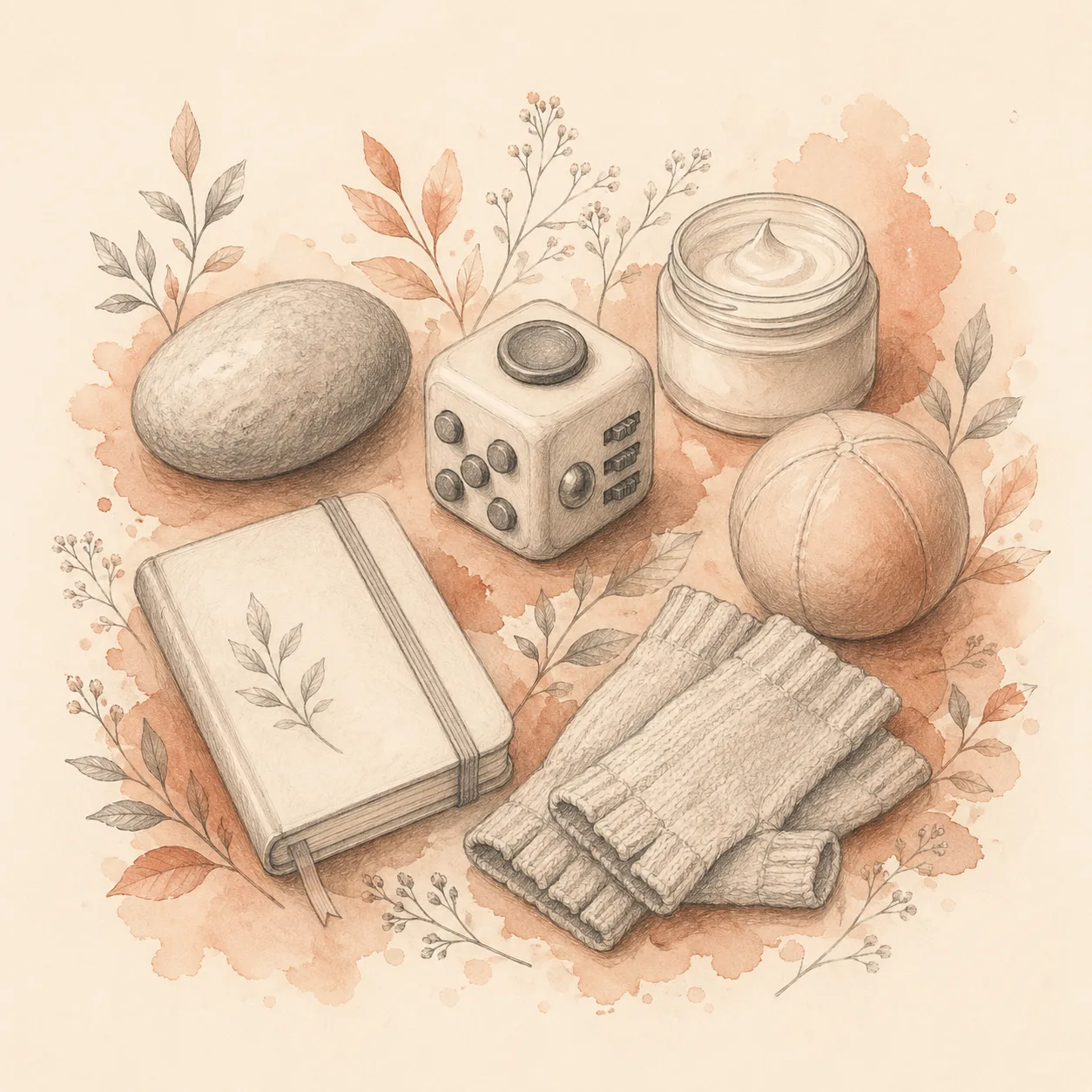 A still life of stimulus control objects: a smooth river stone, a fidget cube, a hand cream jar, a small notebook, a stress ball, and fingerless gloves, drawn in fine charcoal with botanical sprigs woven between them.