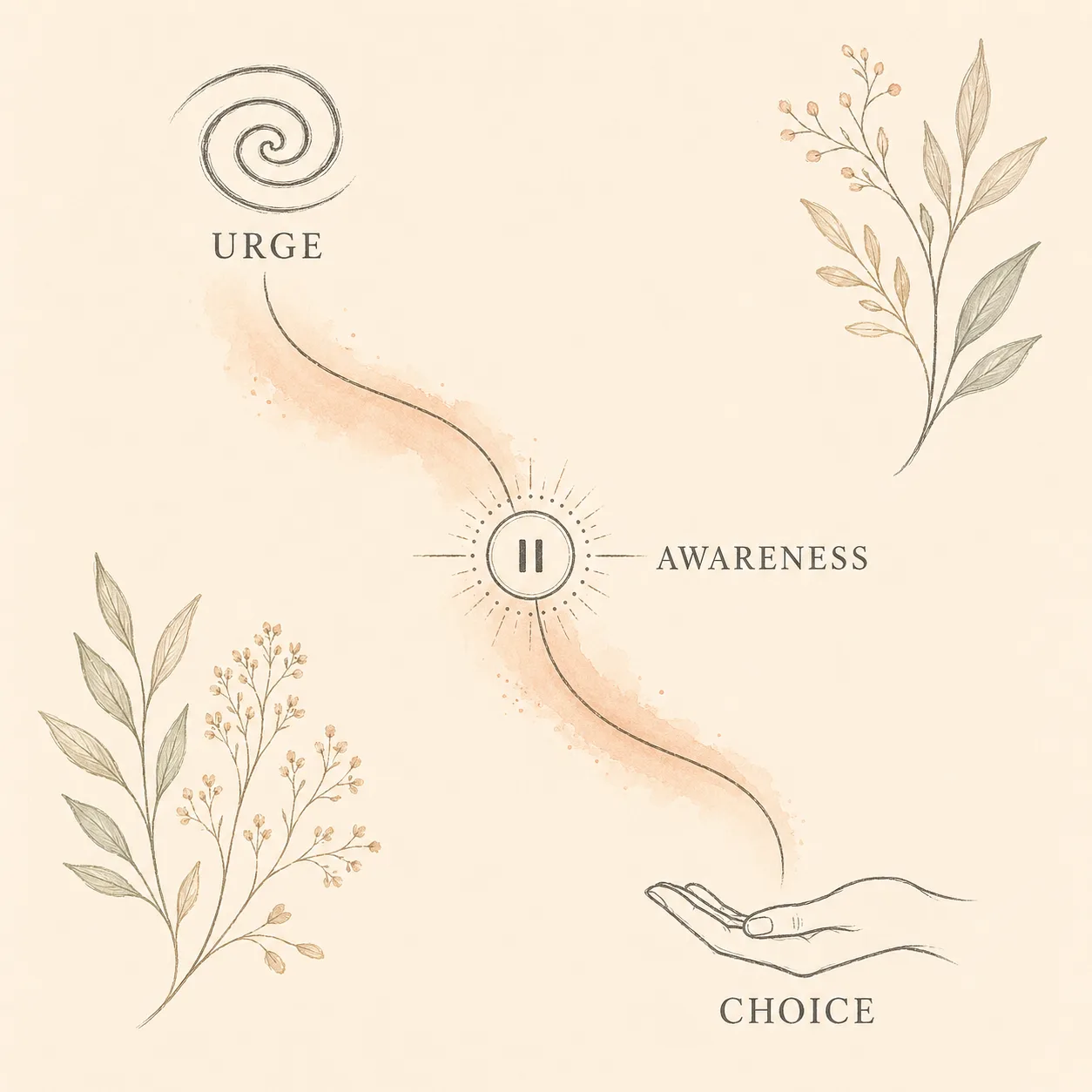 Three-stage diagram: a small spiral labeled URGE, a glowing pause moment labeled AWARENESS, and an open hand labeled CHOICE — connected by a soft watercolor curve.