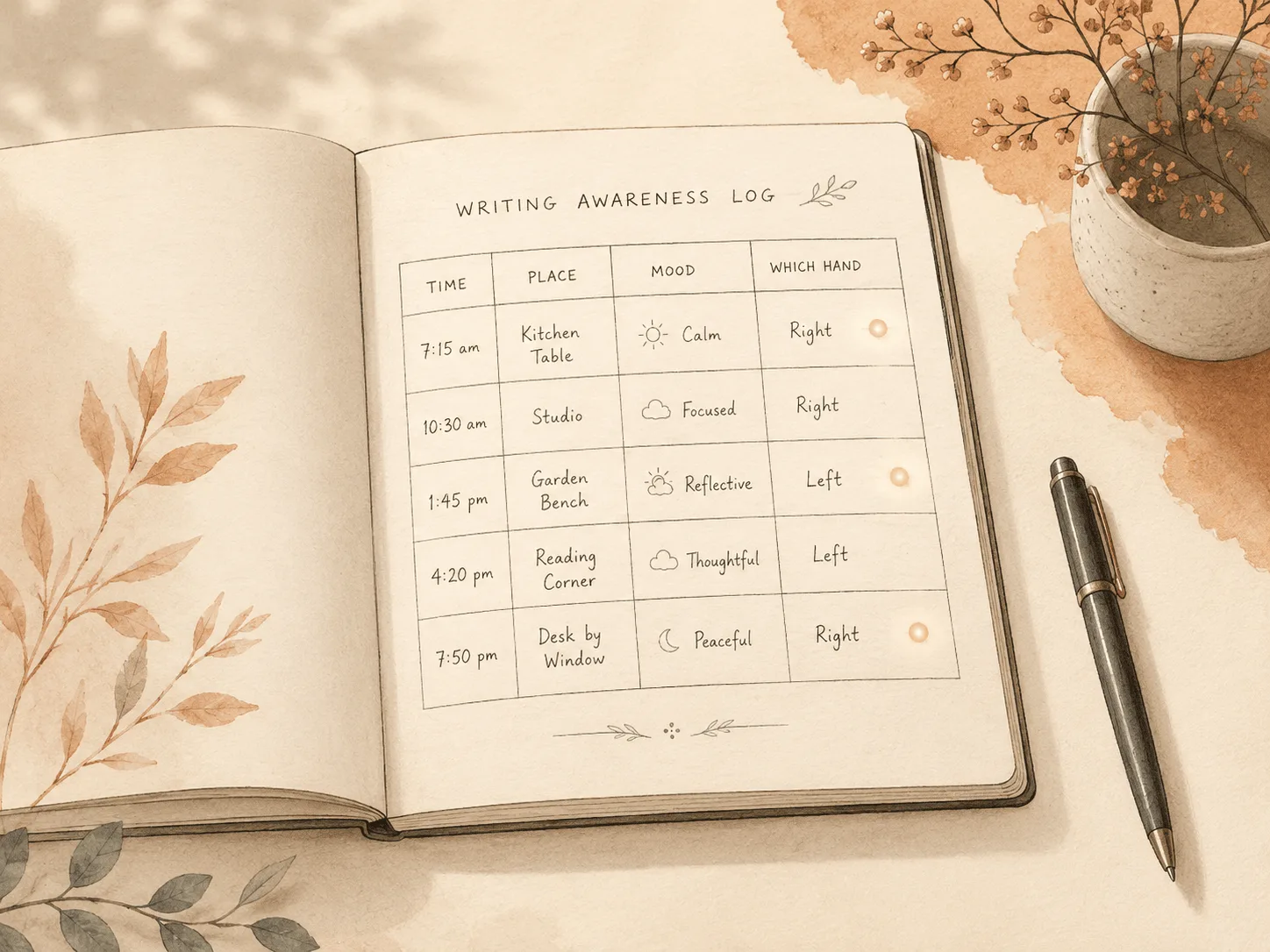 An open notebook with a simple pulling log: columns for time, place, mood, and which hand, showing how awareness training turns a vague habit into visible data