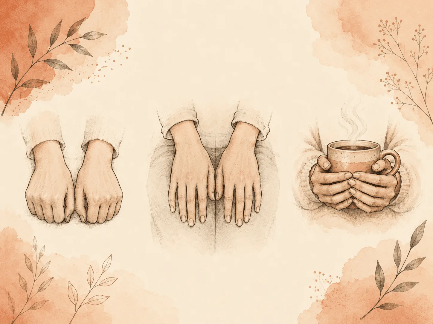 Three competing response hand positions side by side: a closed fist, palms pressed flat against thighs, and both hands wrapped around a mug