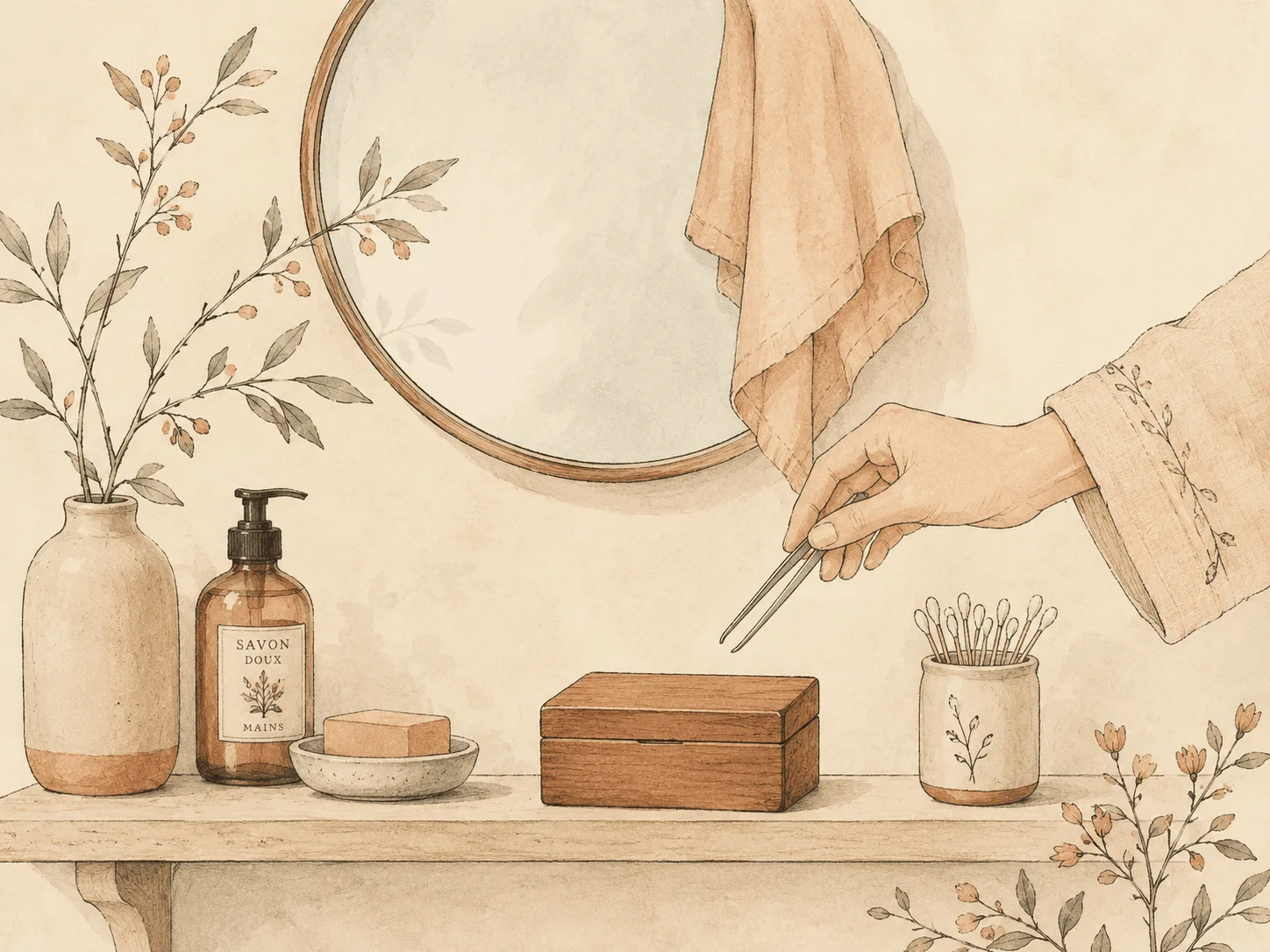 A bathroom shelf with tweezers being placed into a closed box and a magnifying mirror covered with cloth, illustrating stimulus control for hair pulling