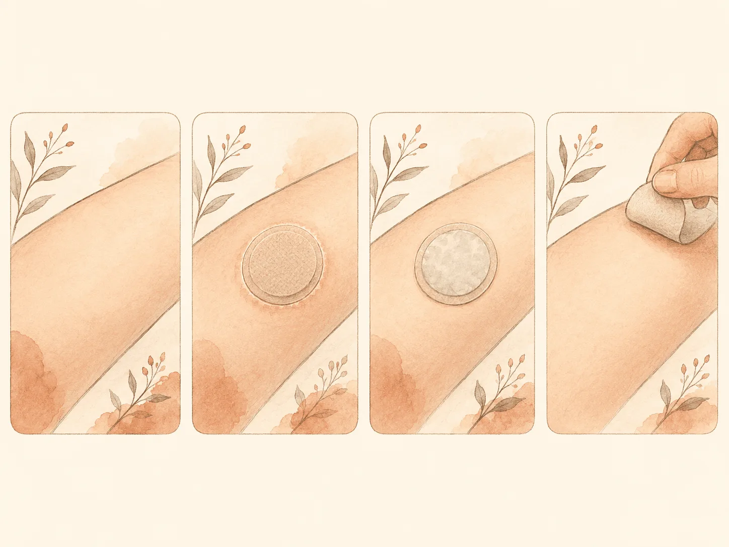 A four-step hand-drawn cycle showing a hydrocolloid patch in use: clean dry skin, the patch applied and sealed at the edges, the patch turned cloudy white as it absorbs, and the patch lifted away to reveal closed skin