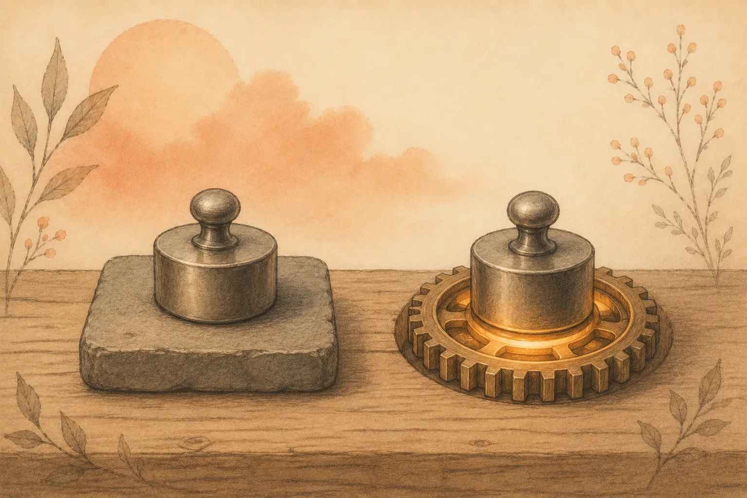 Two identical weights on a workbench, one resting on solid stone where nothing moves and one set into a gear that has turned, illustrating that the same amount of effort converts or dissipates depending on where it is placed.