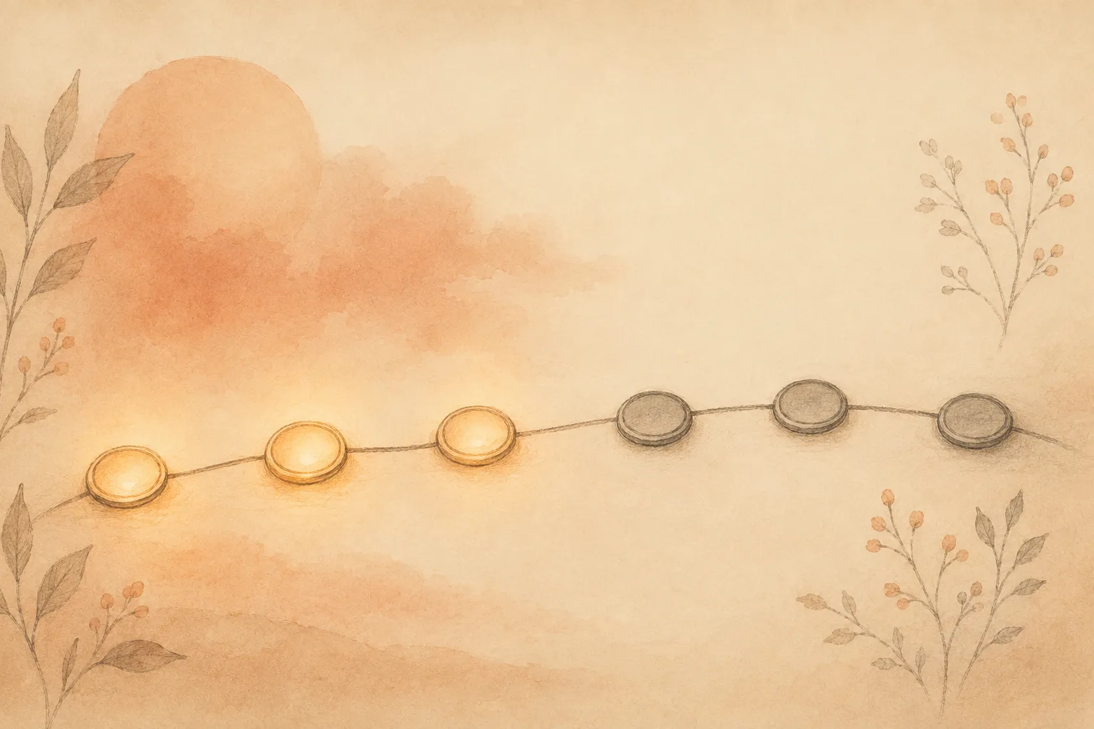 Six stations drawn along a curving path, the first three lit warmly and the last three faded, illustrating that treatments act on the early links of a picking episode while willpower is aimed at the late ones.
