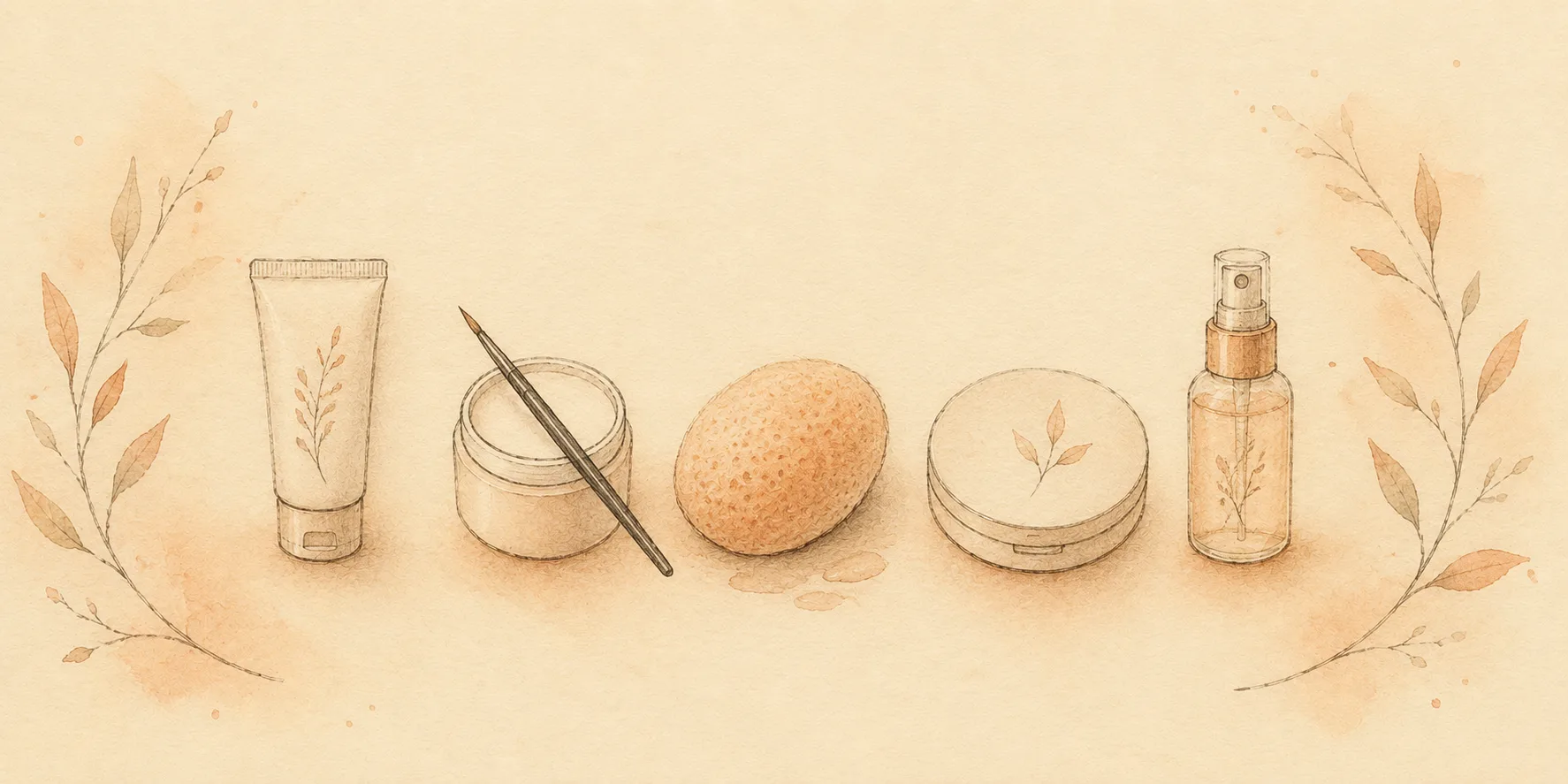 A small kit laid out left to right on warm paper: a tube of moisturiser, a fine brush, a damp sponge, a compact of powder and a puff, showing the order of a coverage routine built for long wear