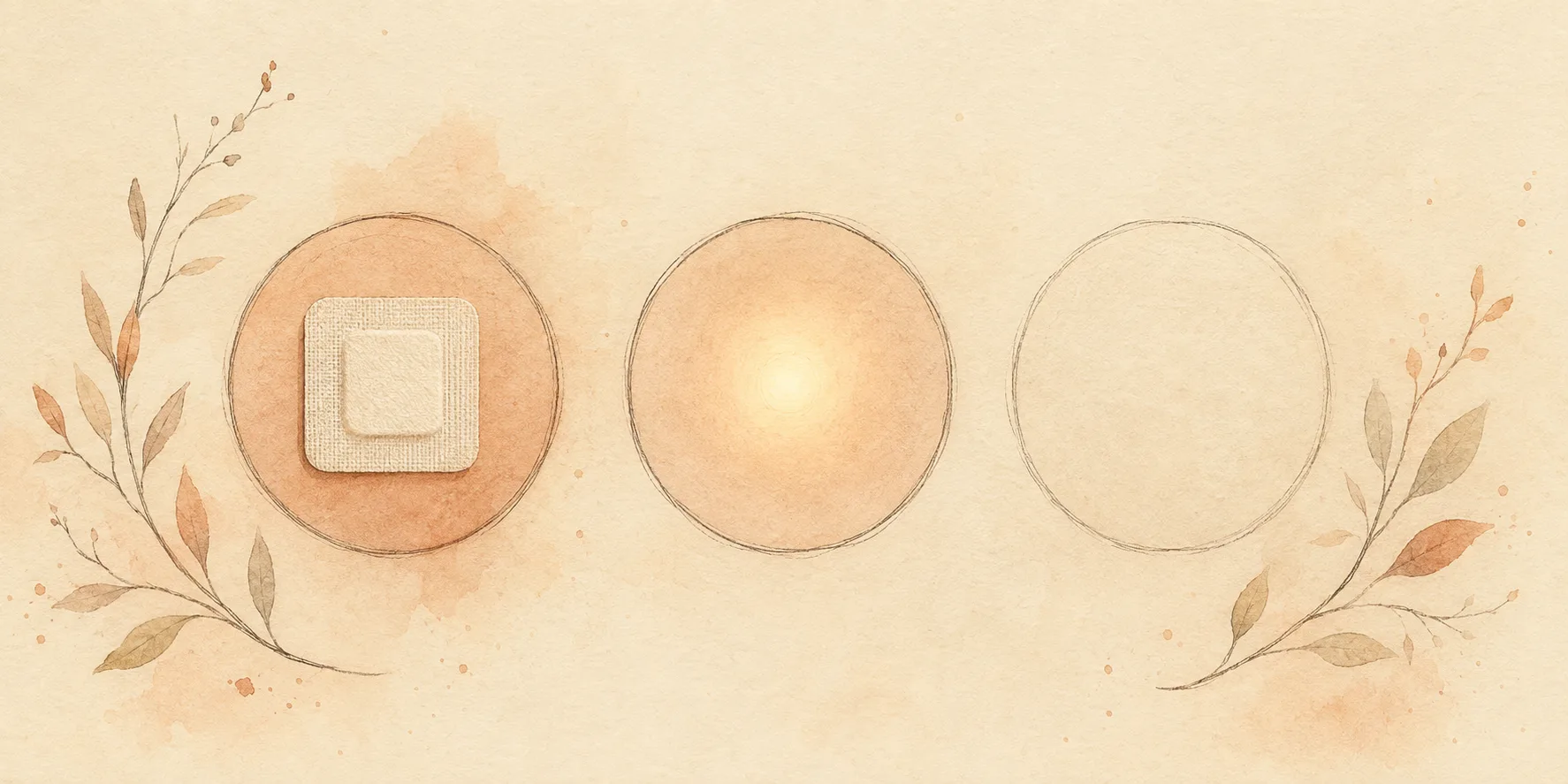 Three plain circles drawn on warm paper showing a spot at three stages of healing, the first one covered by a small dressing, illustrating that only closed skin should be covered with makeup