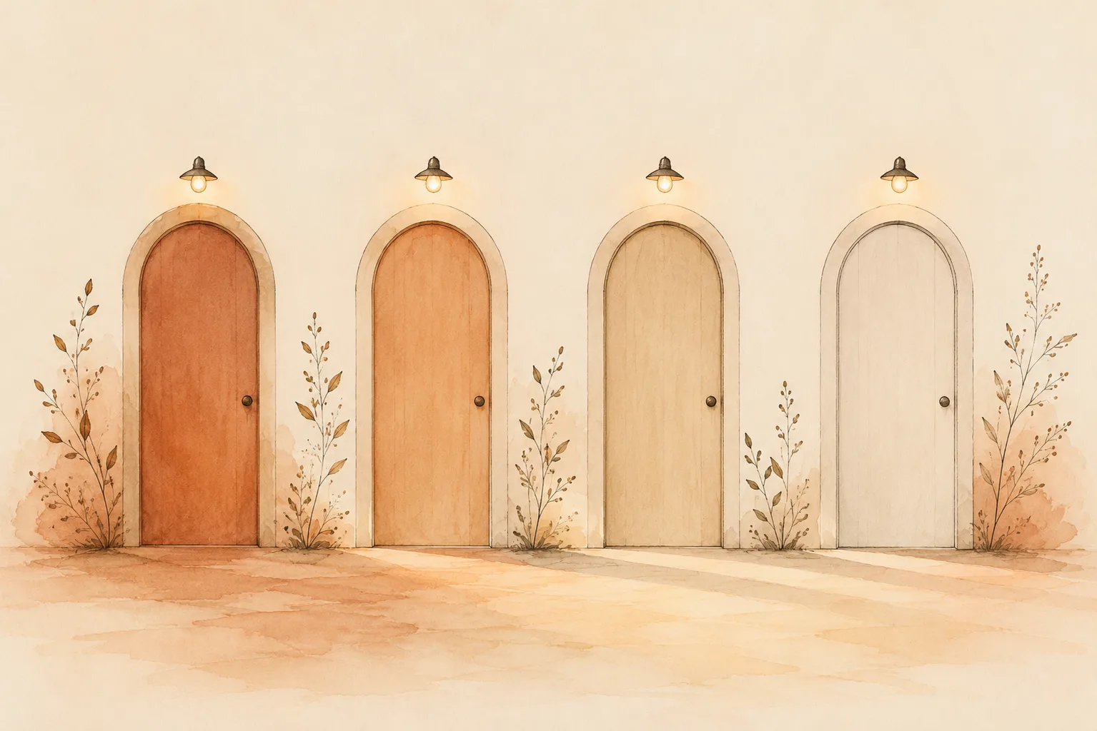 Four calm labelled doorways side by side representing a family doctor, a dermatologist, a dentist and a physiotherapist, illustrating that different picking complications belong to different professionals.