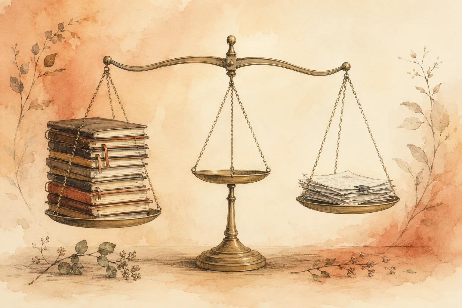 A balance scale holding a tall stack of behavioral therapy notebooks on one side and a much shorter stack of medication trial papers on the other, with an empty tray between them where a direct comparison would sit