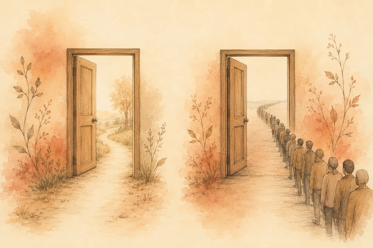 Two doorways side by side, one standing open with a clear path through it and one with a long line of waiting figures, illustrating that access rather than evidence usually decides which treatment a person starts