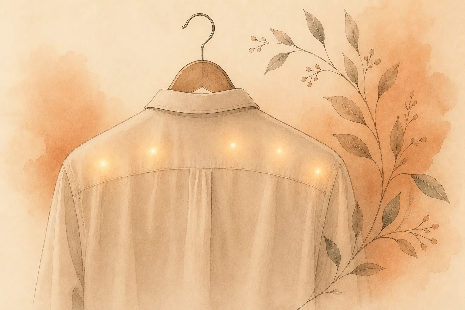 A plain shirt on a hanger seen from behind with soft glowing marks showing faintly through the fabric, representing back and shoulder picking that stays hidden