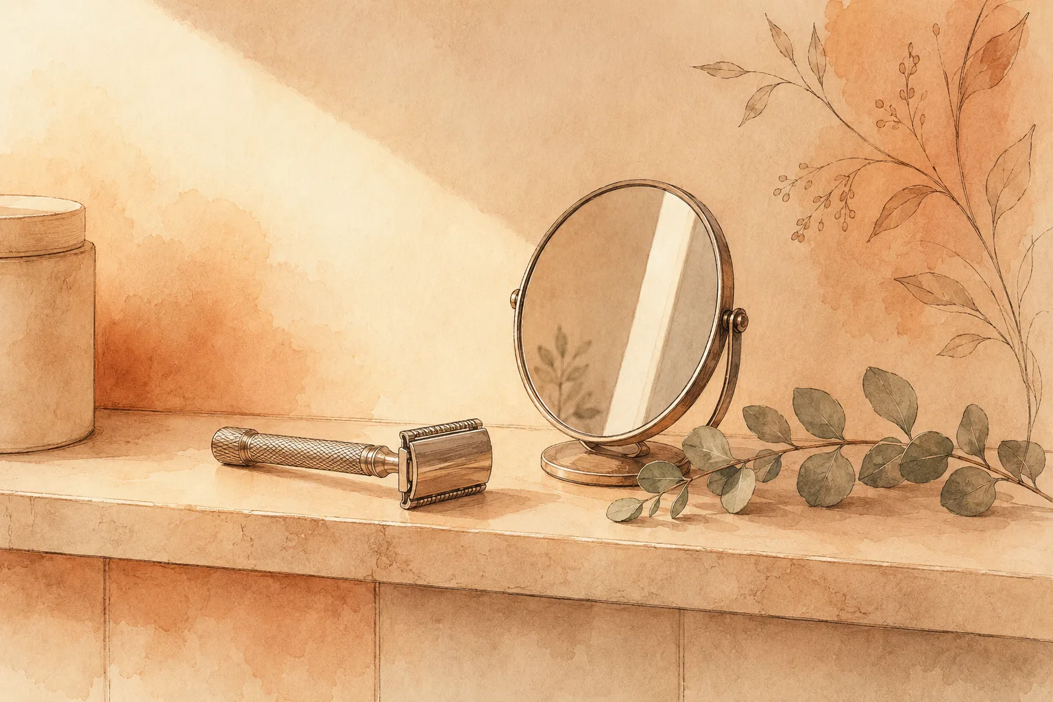 A razor and small mirror on a bathroom shelf in morning light, representing the daily shaving routine that becomes a picking trigger