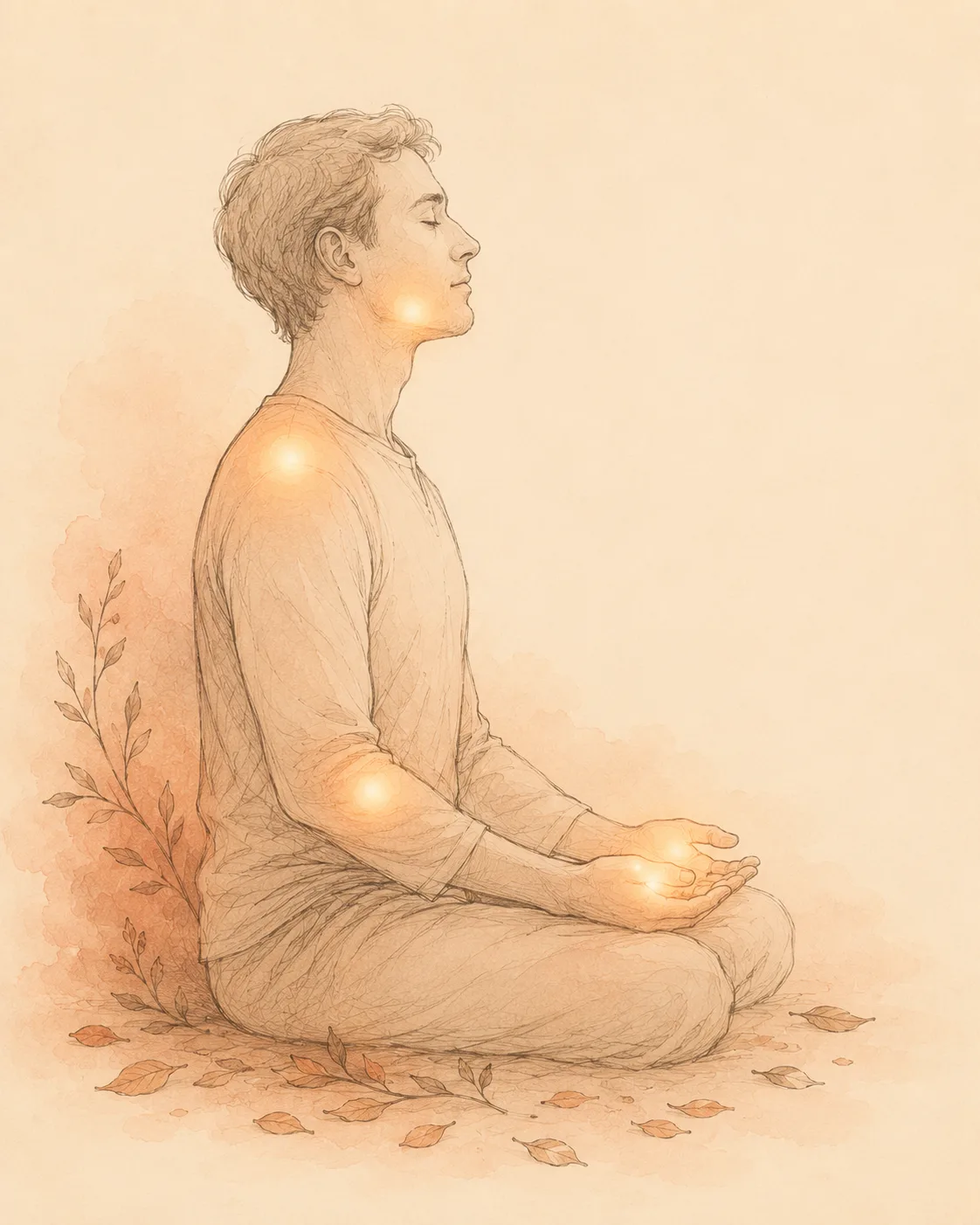 A seated figure drawn in fine line work with soft glowing accents at the hands, jaw and shoulders, marking the places a picking reach usually begins.