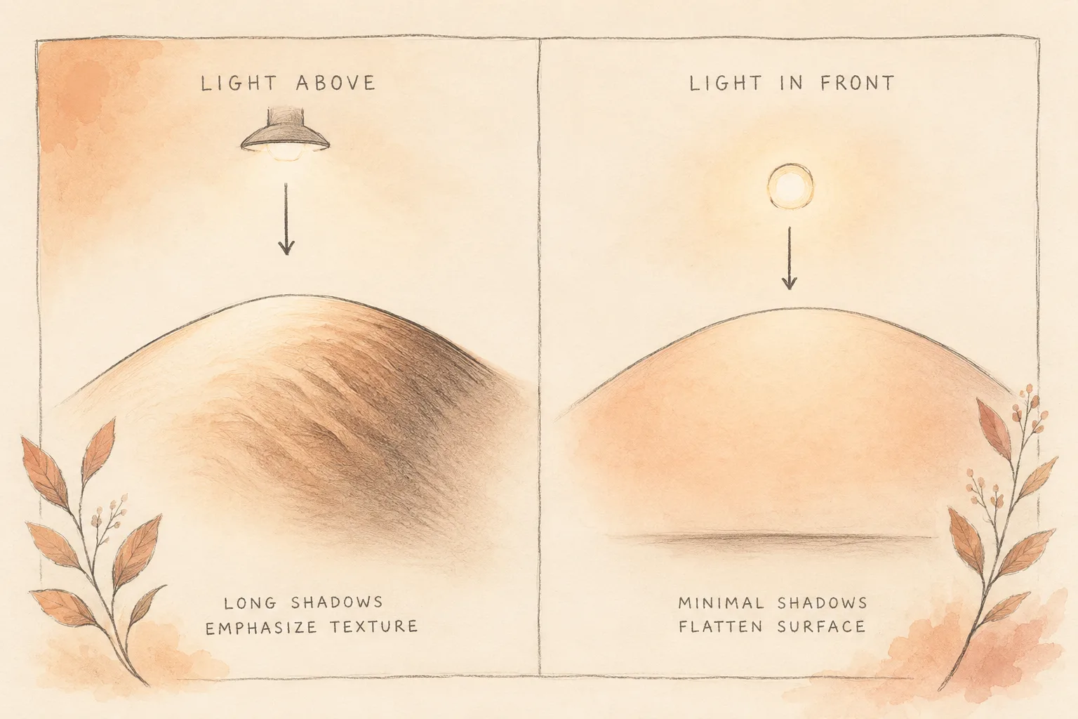 Illustration contrasting light falling from above across a textured surface, casting long shadows, with light coming from the front, which flattens the same surface