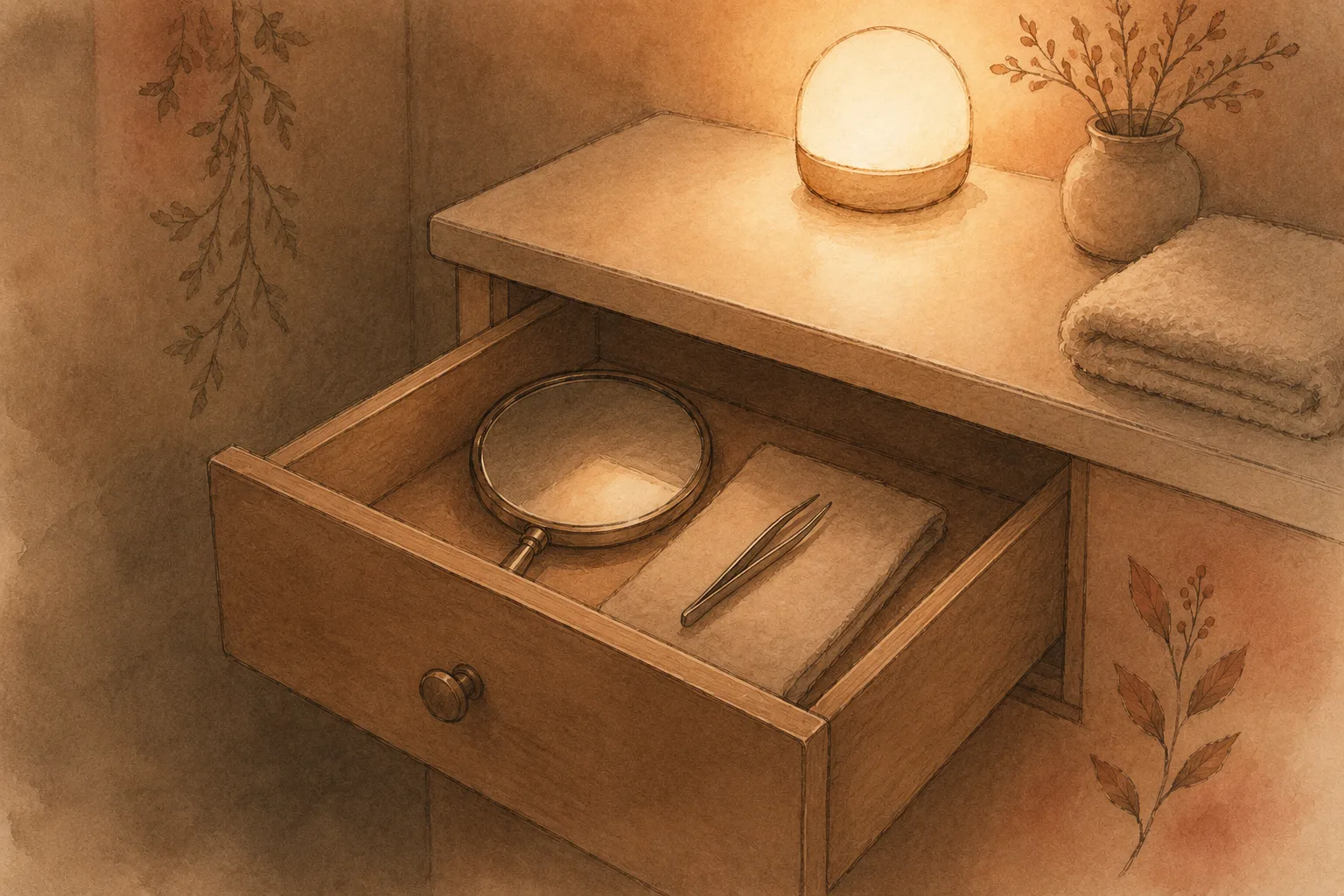 An open drawer holding a magnifying mirror and a pair of tweezers, lit by a warm lamp, representing relocating picking tools rather than discarding them