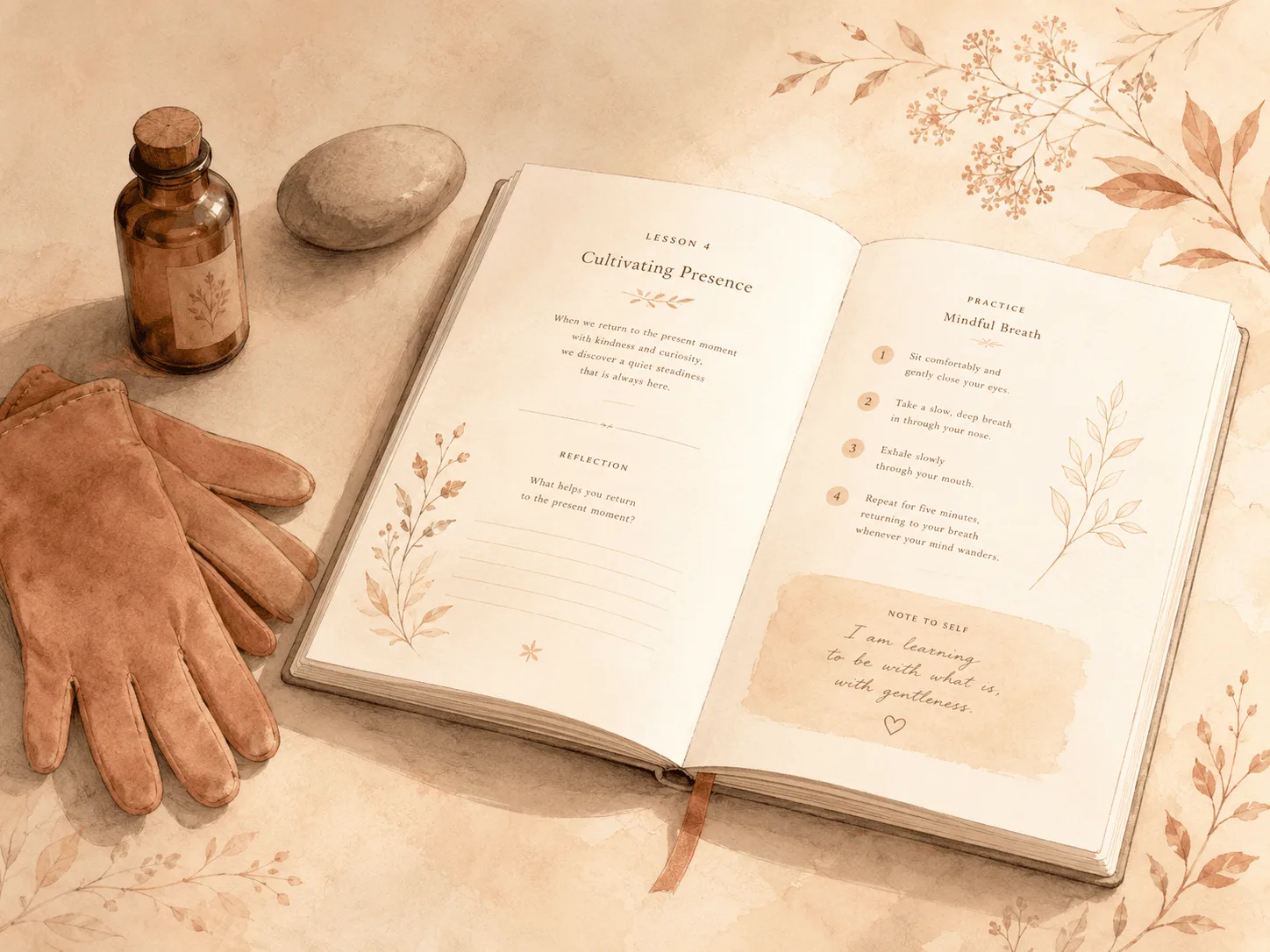 Gloves, a small bottle of polish and a smooth fidget stone arranged beside an open workbook, with the workbook lit brightest, illustrating that barriers support treatment rather than replace it.