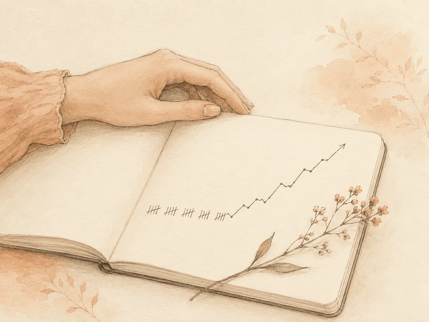 A hand hovering above an open notebook where a tally of small marks turns into a rising line, illustrating the difference between an occasional behavior and an established condition.