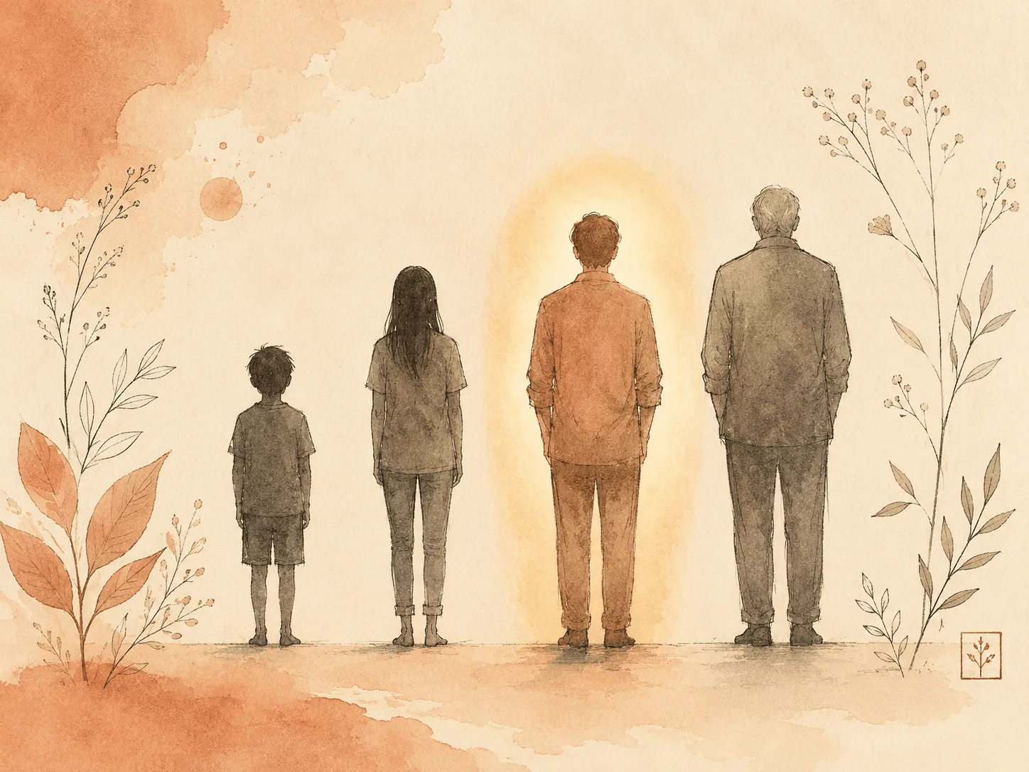 Four silhouetted figures of different ages and builds standing in even light, one of them softly glowing, illustrating that skin picking and hair pulling are not confined to one demographic.