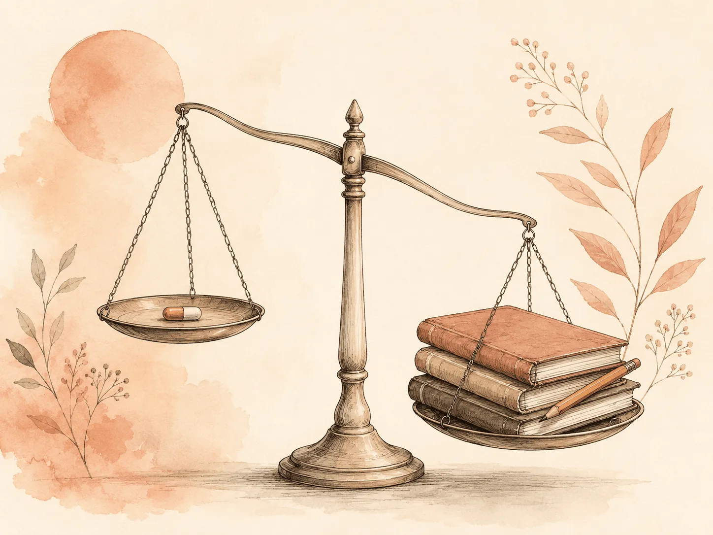 A balance scale holding a single small capsule on one side and a stack of behavioral-therapy notebooks on the other, illustrating that one supplement trial sits against a much larger body of behavioral evidence.