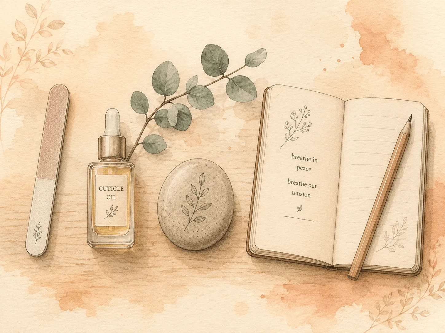 A soft watercolor still life of a nail file, a small bottle of cuticle oil, a smooth worry stone and an open notebook arranged on a warm surface, representing the competing responses habit reversal training teaches.