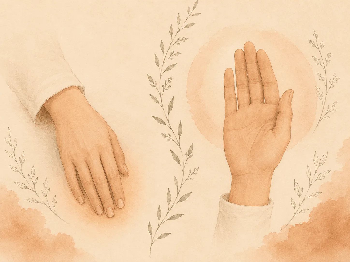 Two hands drawn side by side in soft watercolor: one resting unaware with a faint glow at the fingertips, one held deliberately in view, illustrating automatic versus deliberate nail biting.