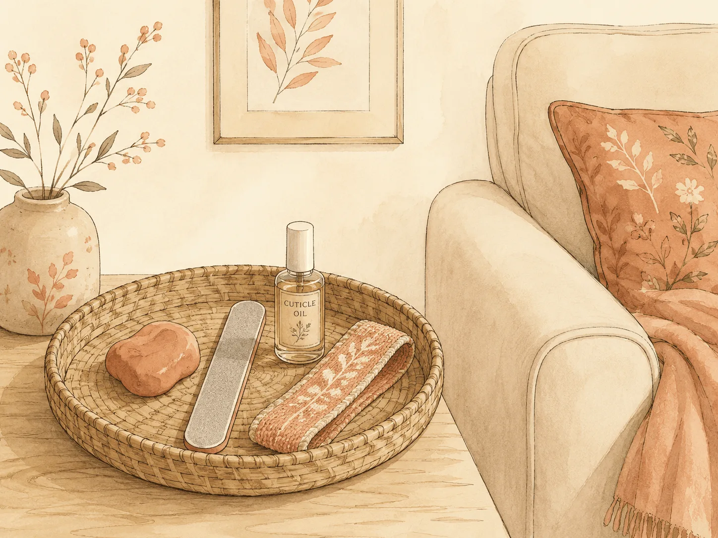 A small tray beside a sofa holding putty, a nail file, cuticle oil and a textured band, representing the objects that give a child's hands something to do before the trigger arrives