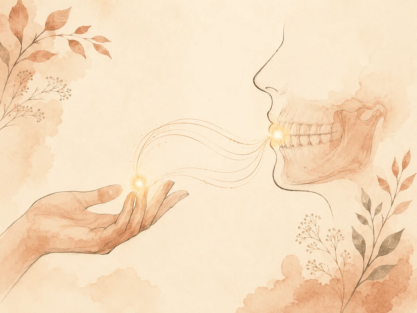 A symbolic illustration linking an open hand and a jawline with soft connecting lines, showing that nail biting affects both the fingers and the mouth