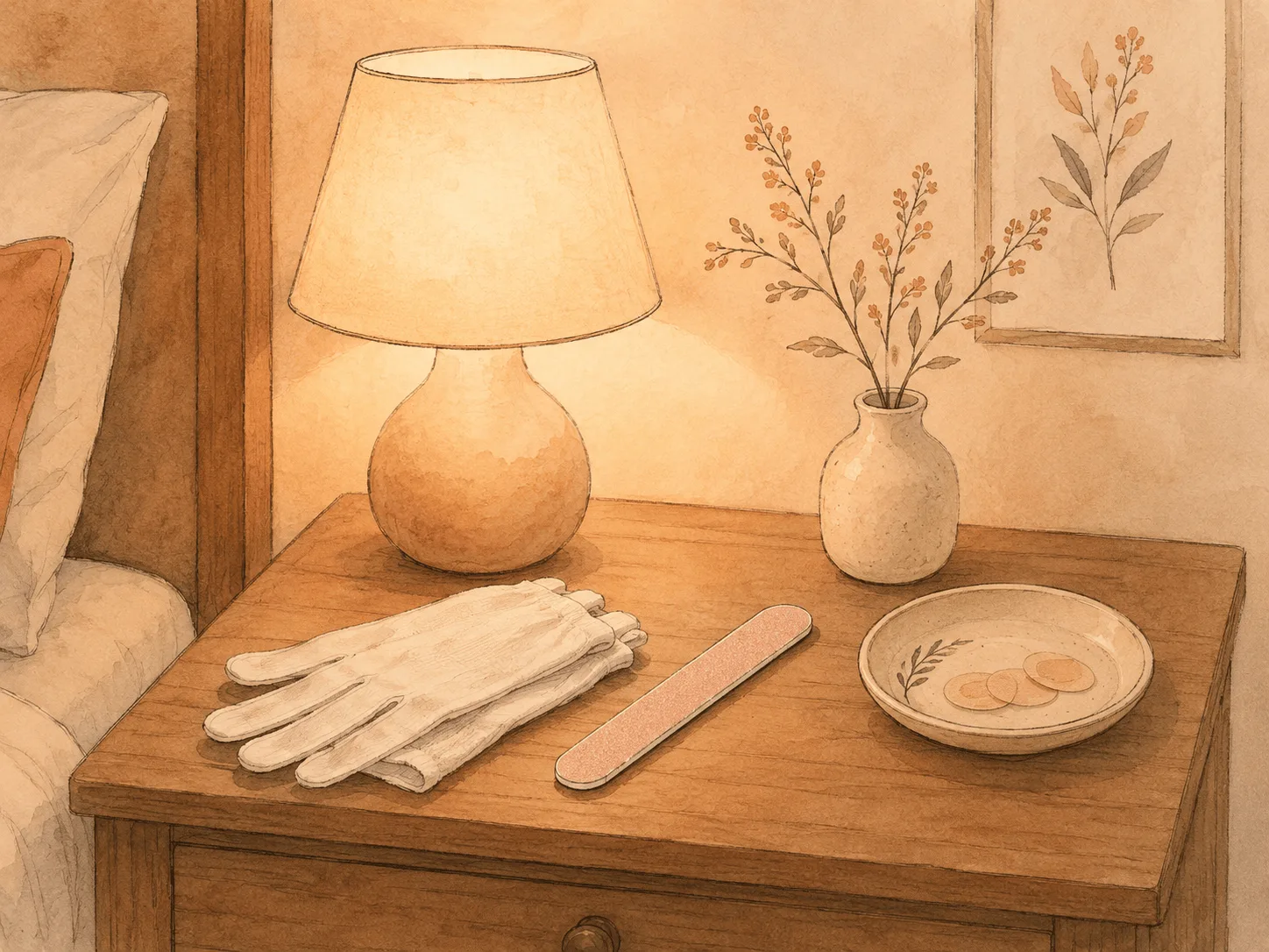 Thin cotton gloves, a nail file and hydrocolloid patches laid out on a bedside table as overnight picking barriers