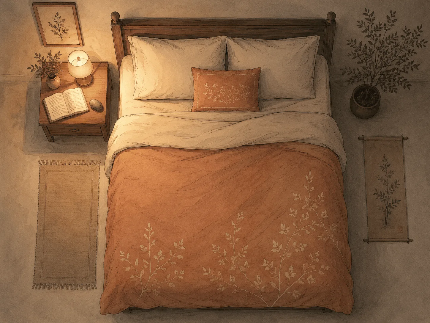 A made bed at night with a book and a small textured stone on the nightstand, illustrating a calm pre-sleep setup