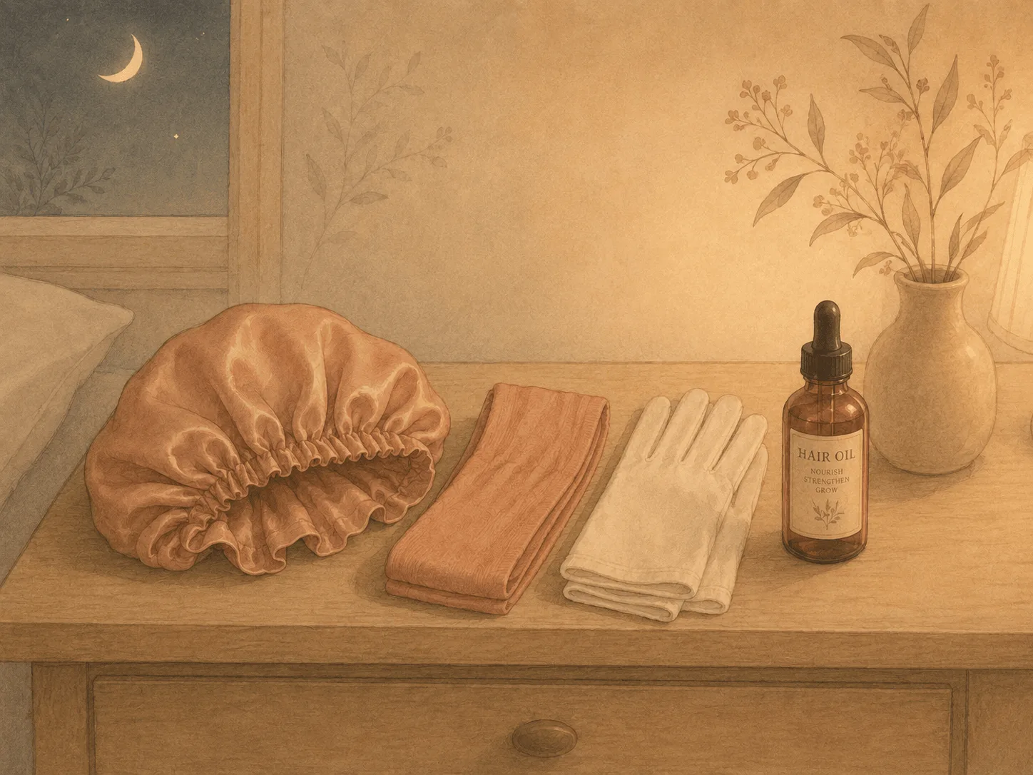 A satin bonnet, wide fabric headband, thin cotton gloves and a bottle of hair oil arranged on a bedside table