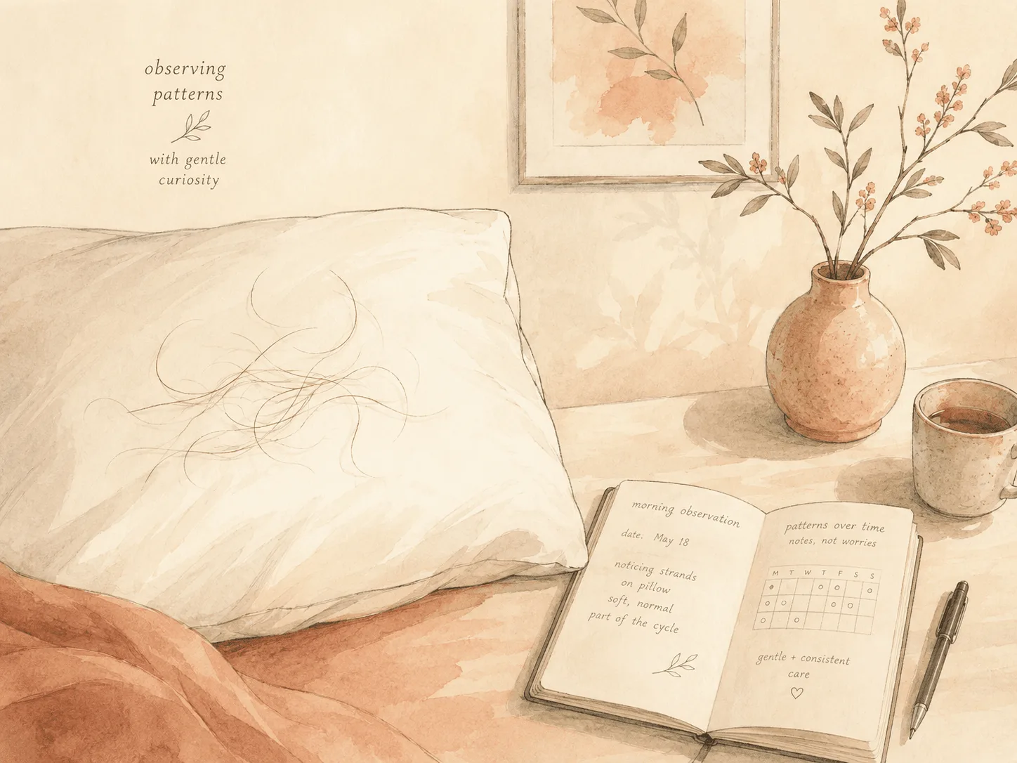 A morning pillow with a few loose strands of hair beside an open notebook and pen, framing the evidence as information