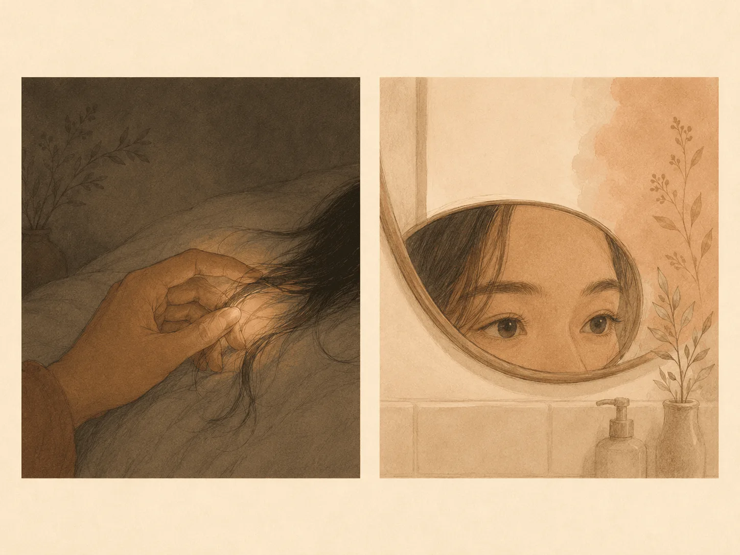 Two contrasting panels showing a hand finding a hair by touch in a dark room beside eyes scanning a brightly lit mirror