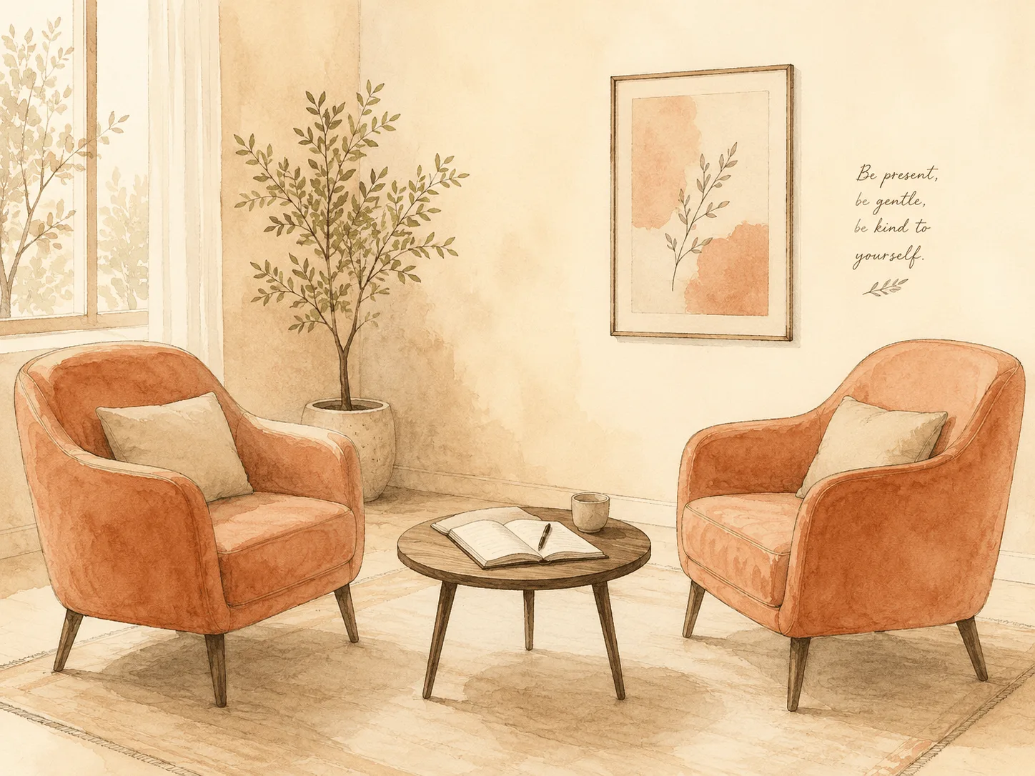 Two empty chairs beside a small table holding an open notebook, representing the questions worth bringing to a first therapy appointment about picking or pulling