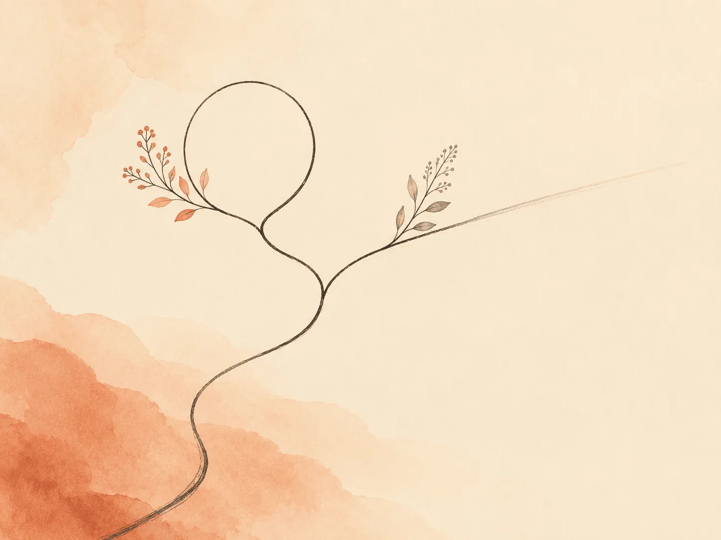 A single path forking into two branches, one running as a closed loop from fear to ritual and the other as an open line from urge to relief, showing the two different mechanisms behind OCD and body-focused repetitive behaviors
